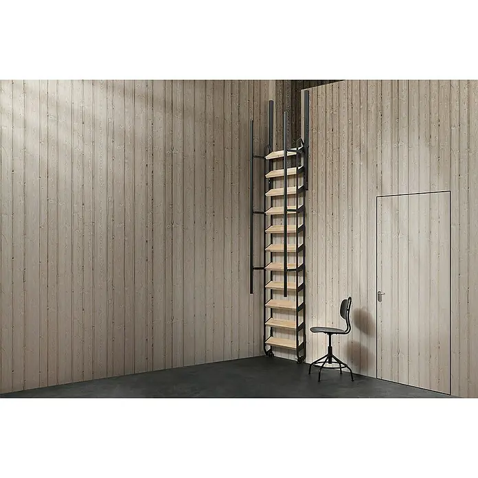 Fontanot Raumspartreppe Back mit Rädern 1.0 - 80 cm, Schwarz, Anzahl Steigungen: 10 Stk., Farbe Stufen: Buche Natur, Geschosshöhe: 214 cm - 235 cm - Anwendungsbeispiel