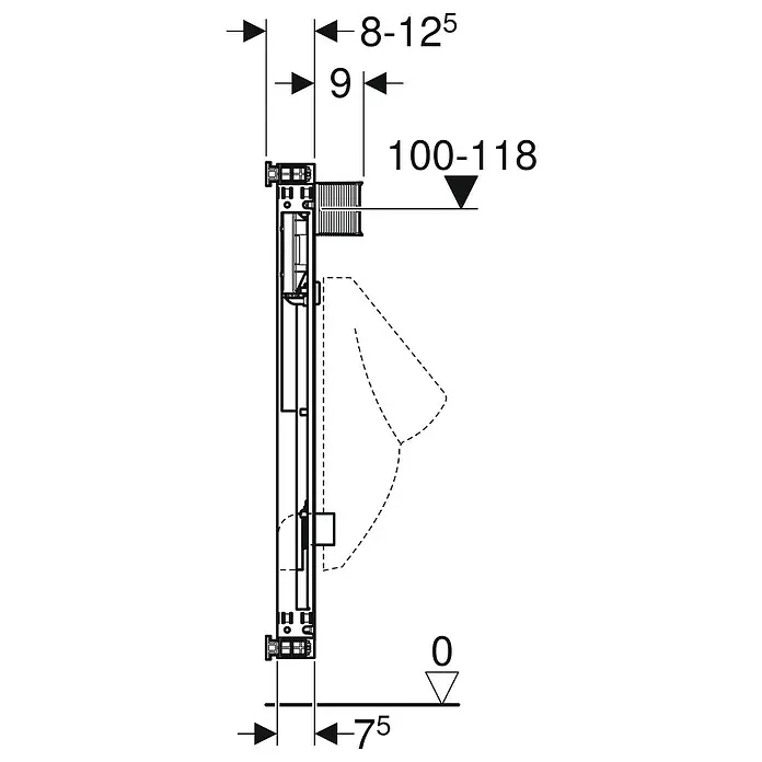 Geberit Kombifix Urinal-Montageelement - 1-Mengen-Spülung, 7,5 x 42 x 100 cm, Verzinkt - Skizze