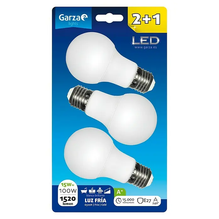 Garza Bombilla LED - 3 uds., 15 W, E27, Color de luz: Blanco frío - Vista descendente
