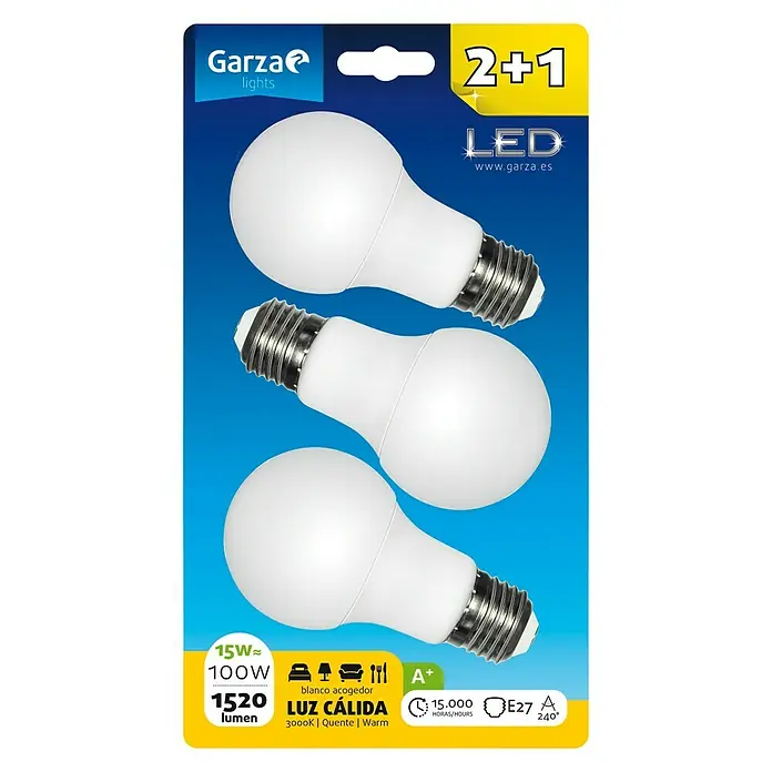 Garza Bombilla LED - 3 uds., 15 W, E27, Color de luz: Blanco cálido - Vista descendente