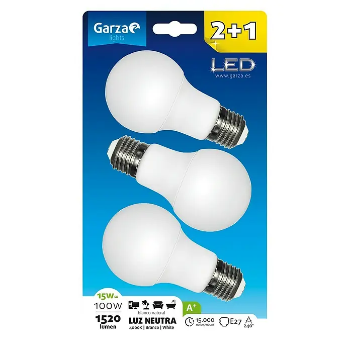 Garza Bombilla LED - 3 uds., 15 W, E27, Color de luz: Blanco neutro - Vista descendente