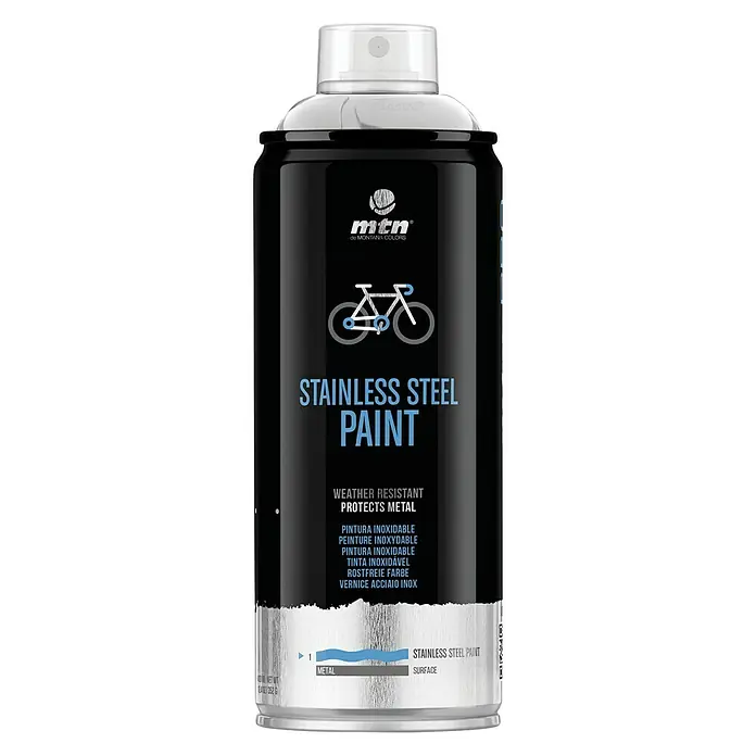 mtn Pintura en spray inoxidable - Brillante, 400 ml, Acero inoxidable - Vista frontal