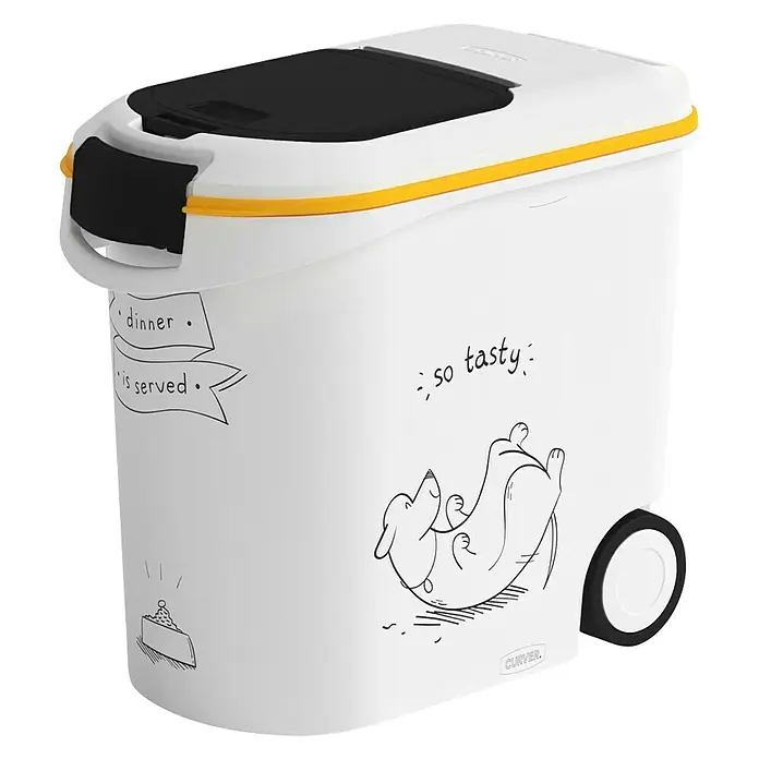 Curver Voederbox 35 l wit/geel - 49 x 28 x 43 cm, Capaciteit: 35 l, Kunststof - Diagonaal zicht