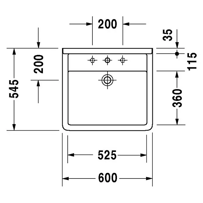 Duravit Starck 3 Waschtisch Vital - 60 x 54,5 cm, Ohne Spezialglasur, Hahnloch: Mitte, Mit Überlauf, Weiß - Skizze