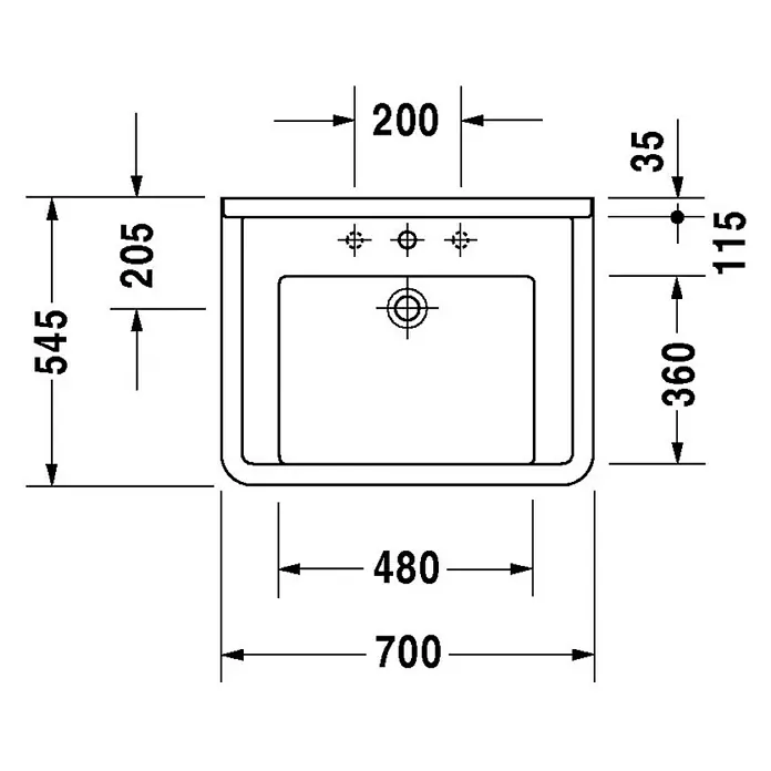 Duravit Starck 3 Waschtisch Vital - 70 x 54,5 cm, Ohne Spezialglasur, Hahnloch: Mitte, Mit Überlauf, Weiß - Skizze
