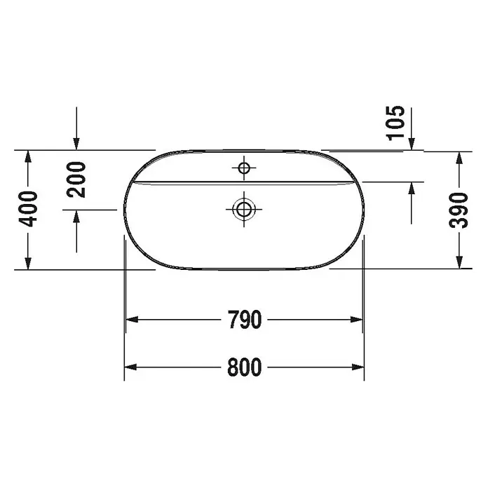 Duravit Luv Aufsatzwaschbecken - 80 x 40 cm, Ohne Spezialglasur, Hahnloch: Mitte, Ohne Überlauf, Weiß Seidenmatt - Skizze