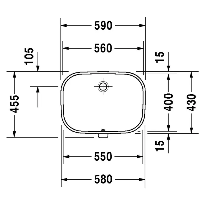 Duravit D-Code Unterbauwaschbecken - 58 x 45,5 cm, Ohne Spezialglasur, Hahnloch: Ohne, Mit Überlauf, Weiß - Skizze