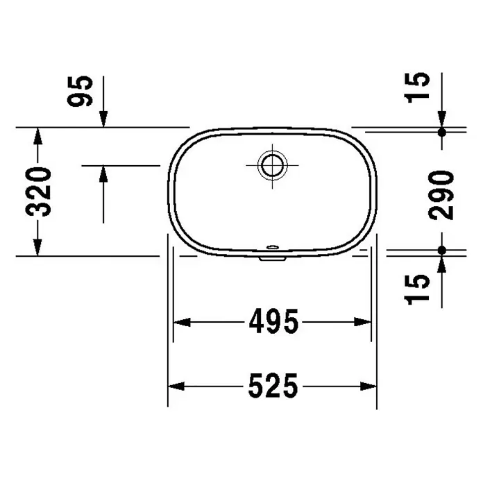 Duravit D-Code Unterbauwaschbecken - 52,5 x 32 cm, Ohne Spezialglasur, Hahnloch: Ohne, Mit Überlauf, Weiß - Skizze