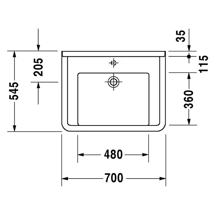 Duravit Starck 3 Waschtisch Vital Med - 70 x 54,5 cm, Ohne Spezialglasur, Hahnloch: Ohne, Ohne Überlauf, Weiß - Skizze