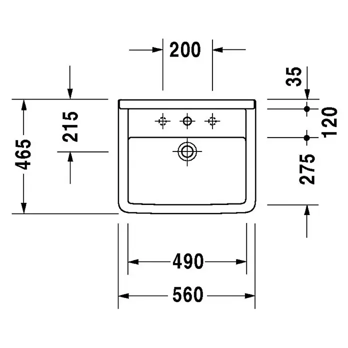 Duravit Starck 3 Einbauwaschbecken - 56 x 46,5 cm, Ohne Spezialglasur, Hahnloch: Mitte, Mit Überlauf, Weiß - Skizze