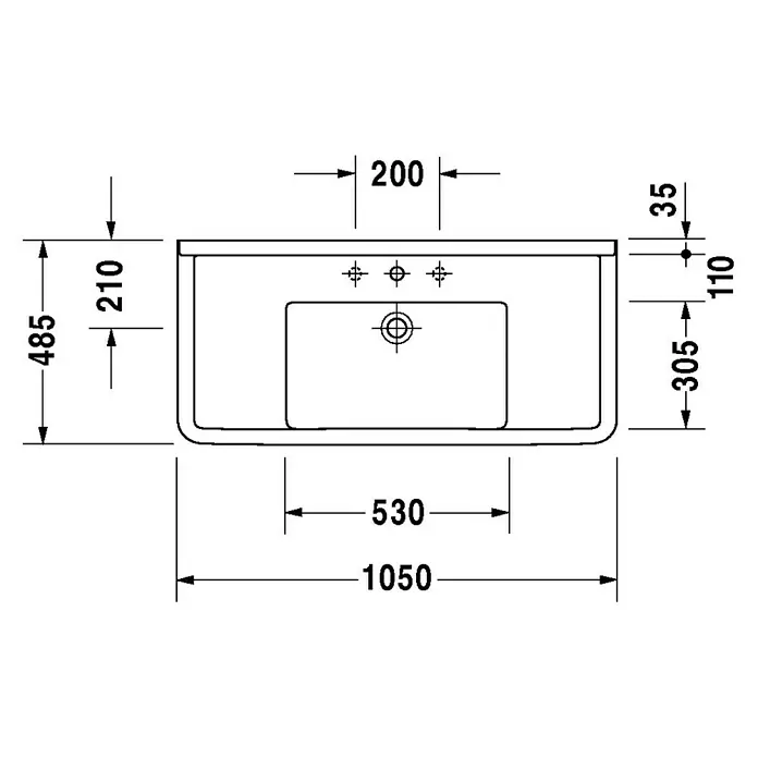 Duravit Starck 3 Waschtisch Typ 1 - 105 x 48,5 cm, Ohne Spezialglasur, Hahnloch: Mitte, Mit Überlauf, Weiß - Skizze