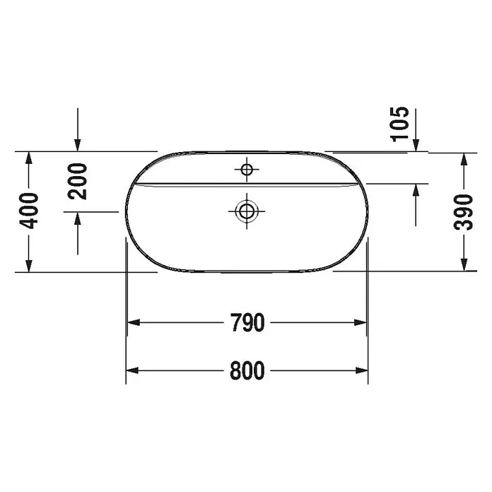 Duravit Luv Aufsatzwaschbecken - 80 x 40 cm, Ohne Spezialglasur, Hahnloch: Mitte, Ohne Überlauf, Weiß - Skizze