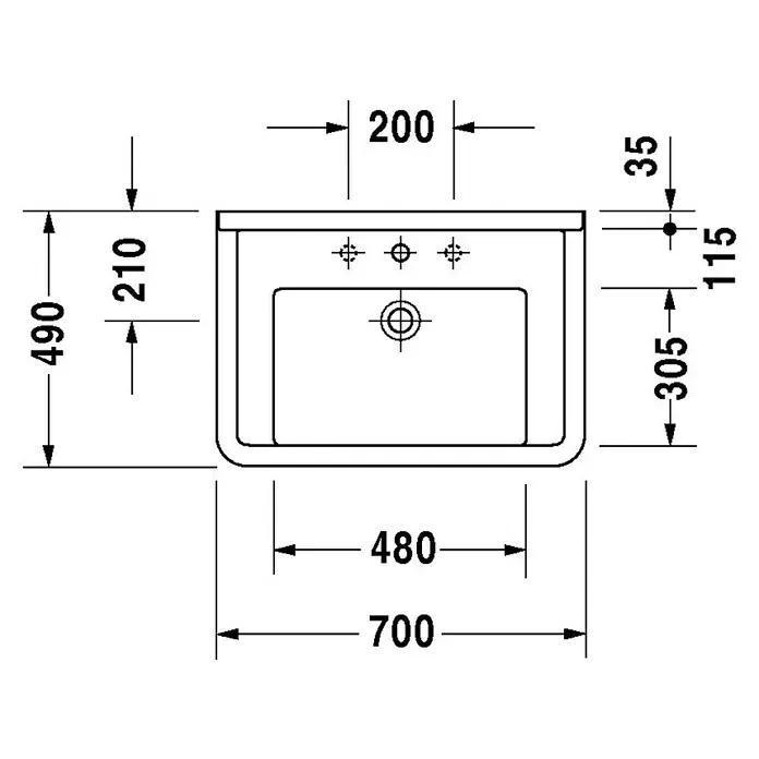 Duravit Starck 3 Waschtisch Typ 3 - 70 x 49 cm, Ohne Spezialglasur, Anzahl Hahnlöcher: 1, Mit Überlauf, Weiß - Skizze