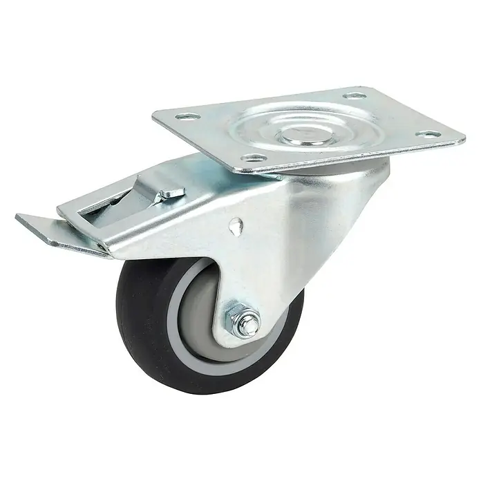 Dörner & Helmer Zakretni kotač za transportna kolica - Promjer kotačića: 80 mm, Nosivost: 100 kg, S pločom i zaustavnikom - Dijagonalni pogled