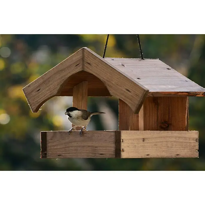 Dobar Vogelfutterhaus mit Veranda - 21 x 25 x 15 cm, Hellbraun, Holz - Stimmungsaufnahme
