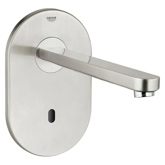 Grohe Eurosmart Wand-Waschtischarmatur - Edelstahl, Glänzend, Ausladung: 232 mm, Infrarot-Elektronik - Diagonale Ansicht