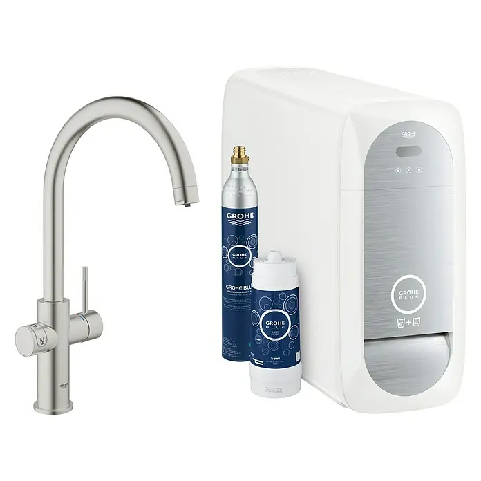 Grohe Spültischarmatur Blue Home - C-Auslauf, CO2-Messung, Supersteel - Diagonale Ansicht
