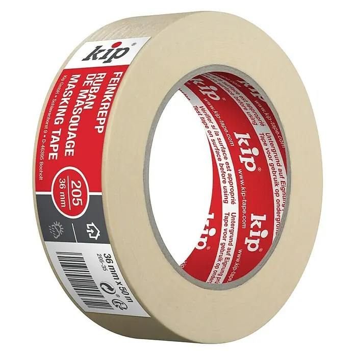 Kip Feinkreppband 205 - Selbstklebend, 50 m x 36 mm x 0,13 mm, Temperaturbeständigkeit: Bis 80 °C - Diagonale Ansicht