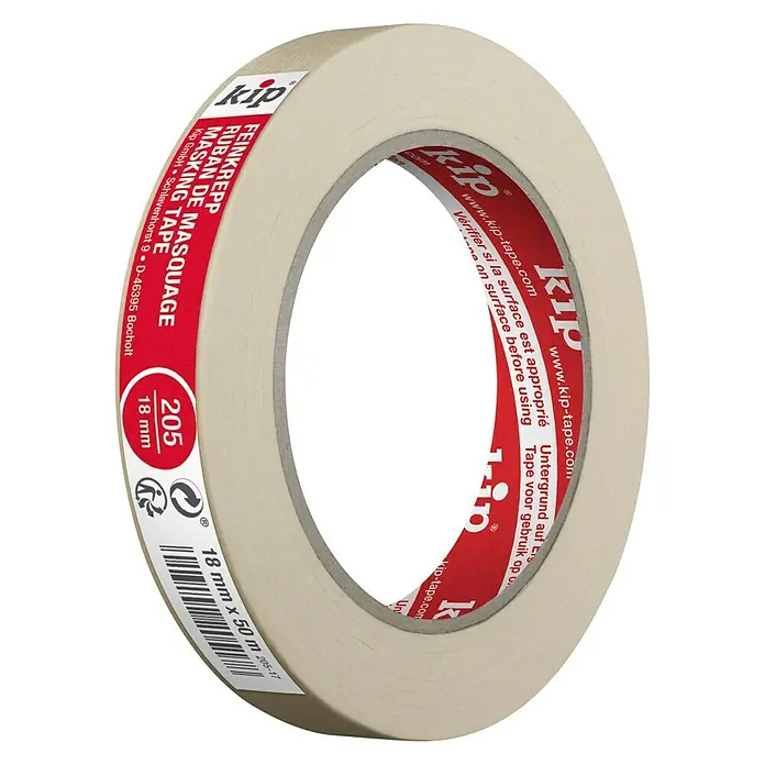 Kip Feinkreppband 205 - Selbstklebend, 50 m x 18 mm x 0,13 mm, Temperaturbeständigkeit: Bis 80 °C - Diagonale Ansicht