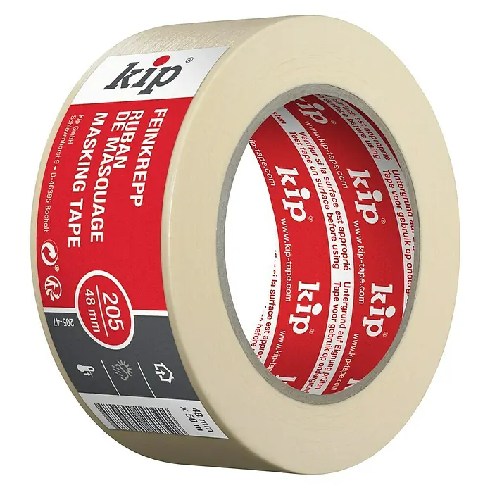 Kip Feinkreppband 205 - Selbstklebend, 50 m x 48 mm x 0,13 mm, Temperaturbeständigkeit: Bis 80 °C - Diagonale Ansicht