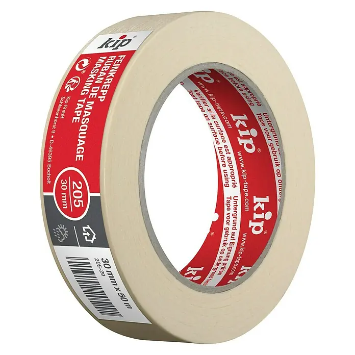 Kip Feinkreppband 205 - Selbstklebend, 50 m x 30 mm x 0,13 mm, Temperaturbeständigkeit: Bis 80 °C - Diagonale Ansicht
