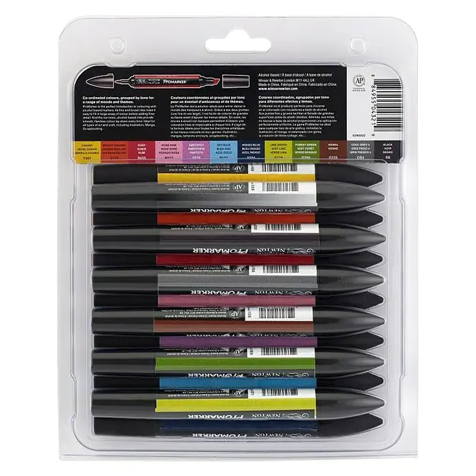 Winsor & Newton Set promarkera Pro - Višebojno, 12 -dij., 2 vrha - Pogled s gornje strane