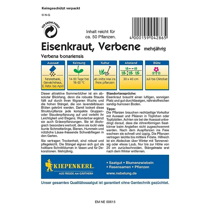 Kiepenkerl Profi-Line Blumensamen Eisenkraut - Verbena bonariensis, Lavendelblau - Rückansicht