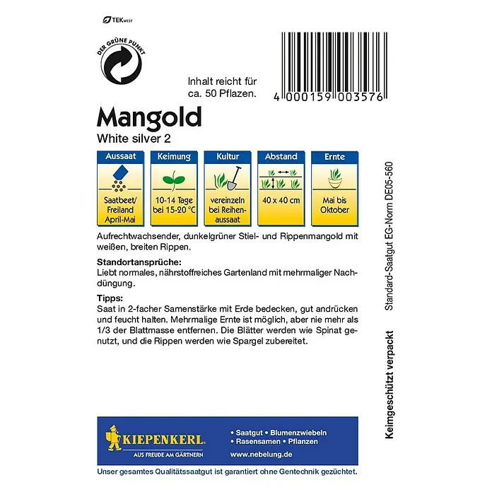 Kiepenkerl Gemüsesamen Mangold White Silver 2 - Beta vulgaris var. vulgaris, Erntezeit: Mai - Rückansicht