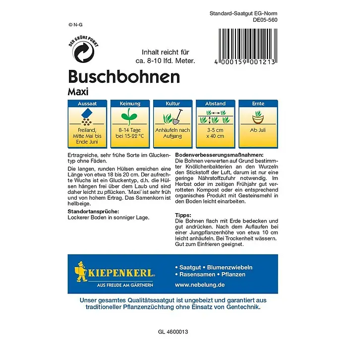 Kiepenkerl Profi-Line Gemüsesamen Buschbohne - Maxi, Phaseolus vulgaris var. nanus, Erntezeit: Juli - Rückansicht