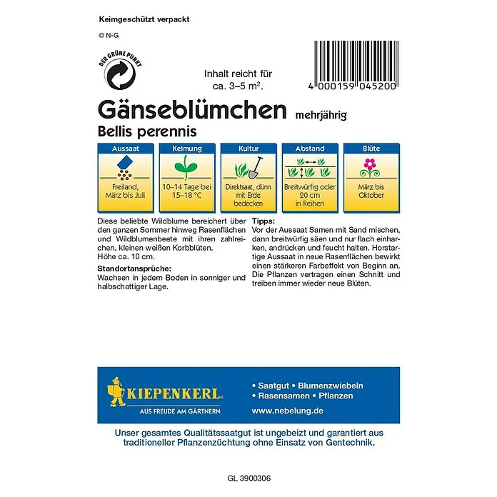 Kiepenkerl Profi-Line Blumensamen Gänseblümchen - Bellis perennis, Weiß, 3 m² - 5 m² - Rückansicht