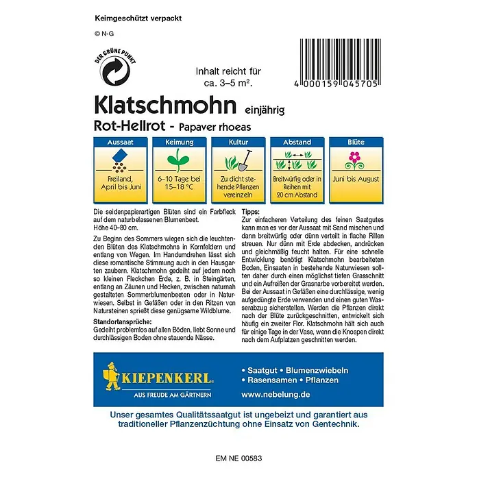 Kiepenkerl Profi-Line Blumensamen Klatschmohn - Papaver rhoeas, Rhoeas, Blütezeit: Juni, 3 m² - 5 m² - Rückansicht