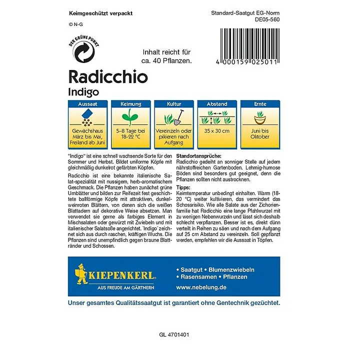 Kiepenkerl Profi-Line Salatsamen Radicchio - Indigo, Cichorium intybus var. foliosum, Erntezeit: Juni - Rückansicht