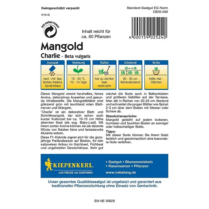 Kiepenkerl Profi-Line Gemüsesamen Mangold Charlie - Beta vulgaris var. vulgaris, Erntezeit: Mai - Rückansicht