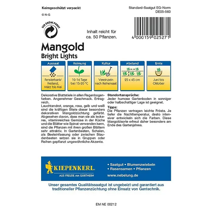 Kiepenkerl Profi-Line Gemüsesamen Mangold Bright Lights - Beta vulgaris var. vulgaris, Erntezeit: Juni - Rückansicht