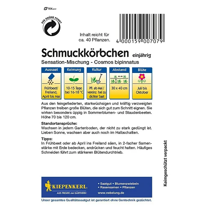 Kiepenkerl Blumensamen Schmuckkörchen - Cosmos bipinnatus, Mehrfarbig - Rückansicht