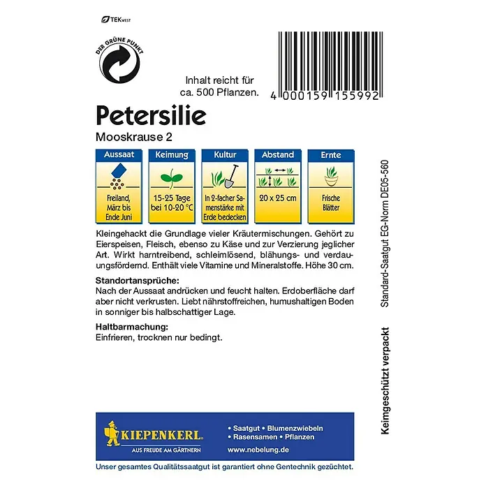 Kiepenkerl Kräutersamen Petersilie Mooskrause 2 - Petroselinum crispum, Saatzeit: März, Erntezeit: Juni - Rückansicht