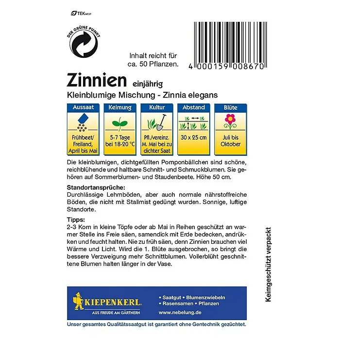 Kiepenkerl Blumensamen Zinnie kleinblumige Mischung - Zinnia elegans, Mehrfarbig - Rückansicht