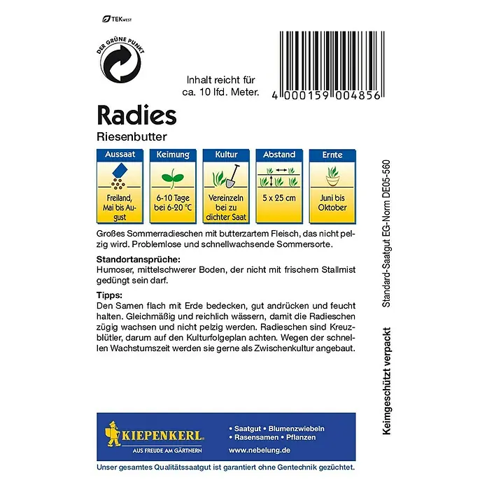 Kiepenkerl Gemüsesamen Radieschen - Riesenbutter, Raphanus sativus var. sativus, Erntezeit: Juni - Rückansicht