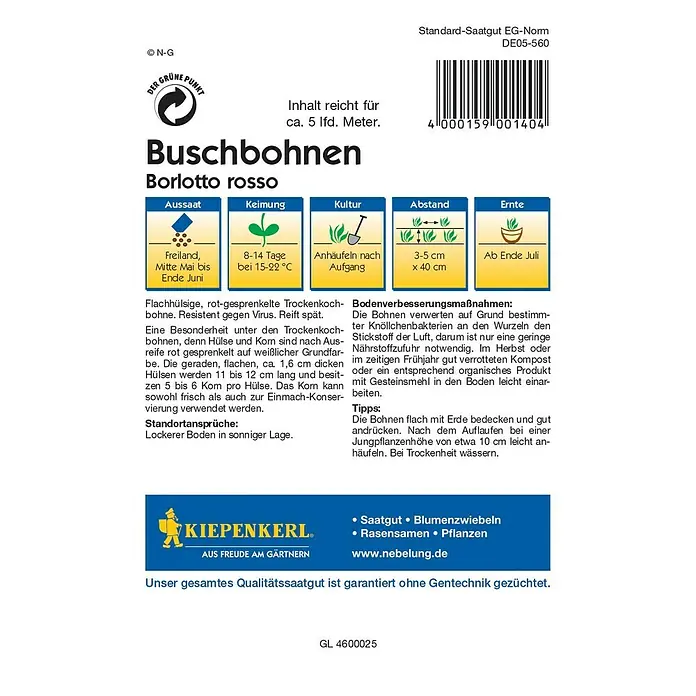 Kiepenkerl Profi-Line Gemüsesamen Buschbohne - Borlotto Rosso, Phaseolus vulgaris var. nanus, Erntezeit: Juli - Rückansicht