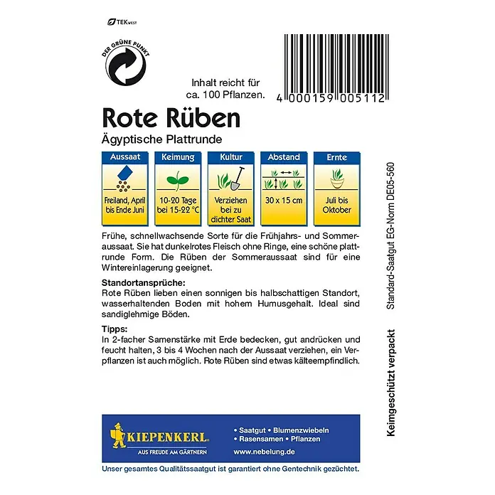 Kiepenkerl Gemüsesamen Rote Rübe Ägyptische Plattrüben - Beta vulgaris var. vulgaris, Erntezeit: Juli - Rückansicht