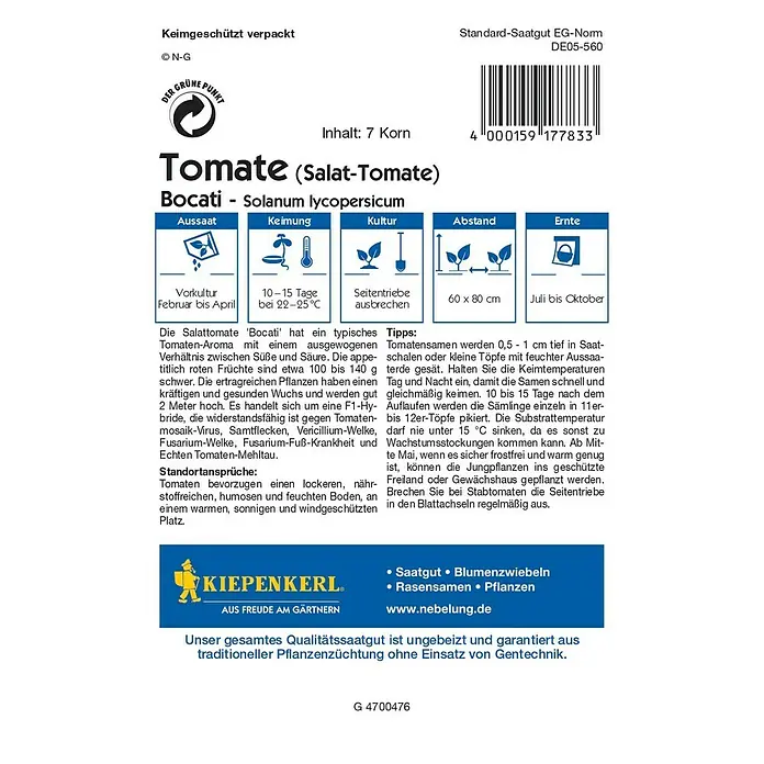 Kiepenkerl Profi-Line Gemüsesamen Tomate - Bocati F1, Solanum lycopersicum, Erntezeit: Juli - Rückansicht