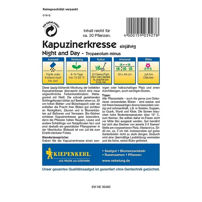 Kräutersamen Kapuzinerkresse - Night & Day, Tropaeolum minus, Saatzeit: Mai - Rückansicht
