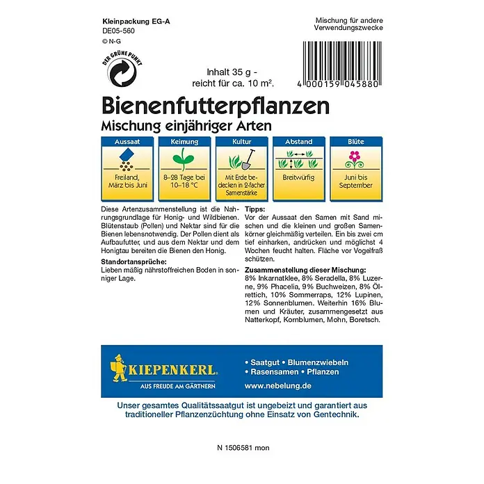 Kiepenkerl Blumensamenmischung Bienenfutterpflanzen - Verschiedene Sorten, Blütezeit: Juni, 10 m² - Rückansicht
