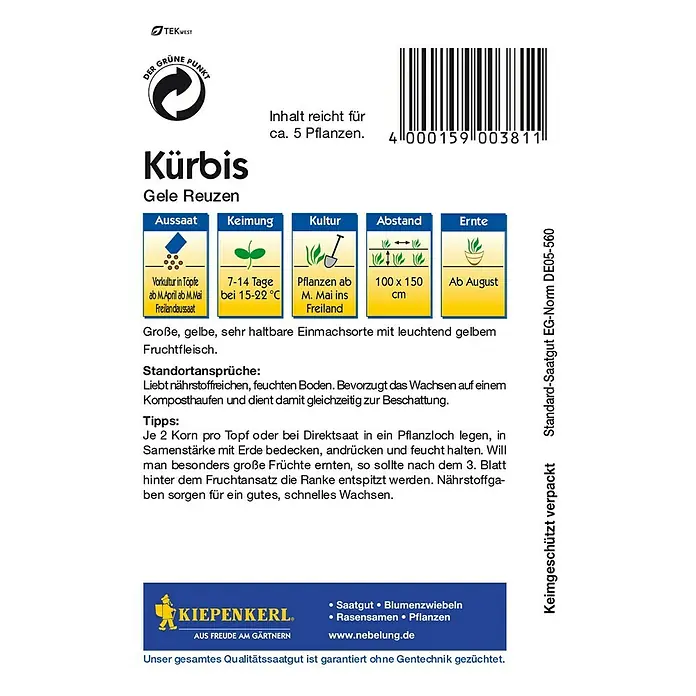 Kiepenkerl Gemüsesamen Kürbis - Gele Reuzen, Cucurbita maxima, Erntezeit: August - Rückansicht