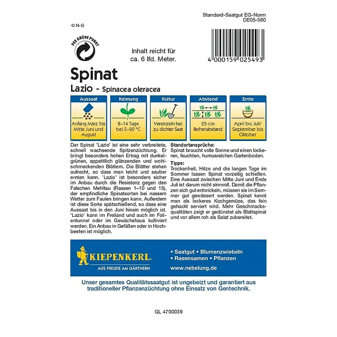 Kiepenkerl Profi-Line Gemüsesamen Spinat - Lazio F1, Spinacia oleracea, Erntezeit: April - Rückansicht