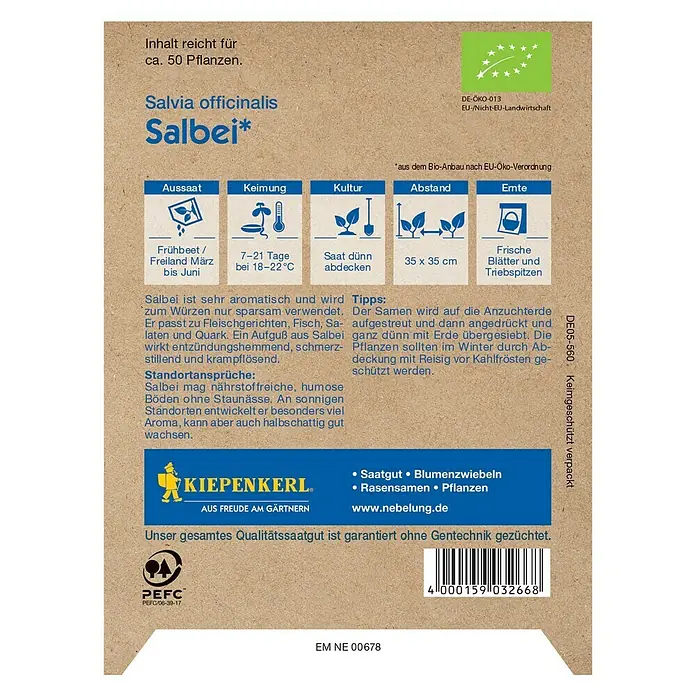 Kiepenkerl Profi-Line Kräutersamen Bio Salbei - Salvia officinalis, Saatzeit: März, Erntezeit: Ganzjährig - Rückansicht