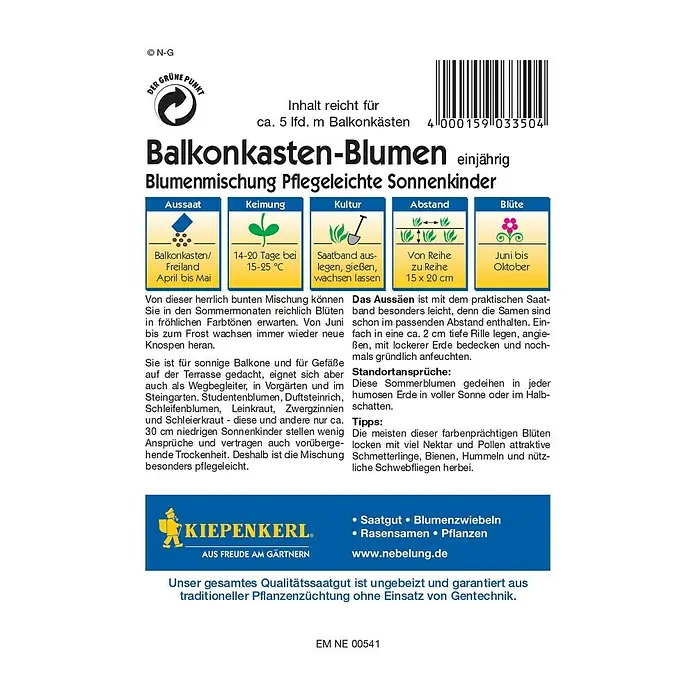 Kiepenkerl Profi-Line Blumensamen Pflegeleichte Sonnenkinder Saatband - Verschiedene Sorten, Mehrfarbig - Rückansicht