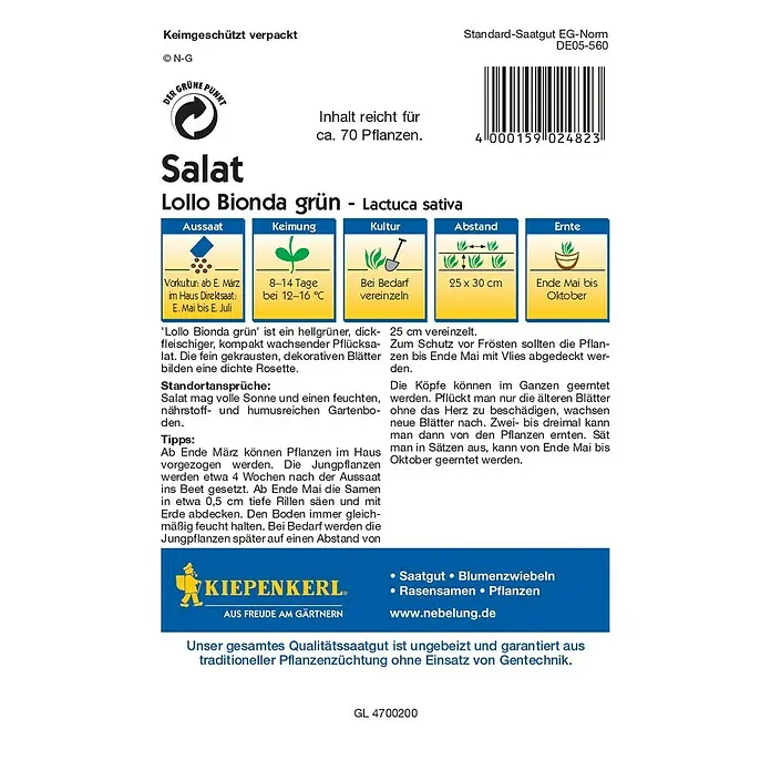 Kiepenkerl Profi-Line Salatsamen Pflücksalat Lollo Bionda Grün - Lactuca sativa var. crispa, Erntezeit: Mai - Rückansicht