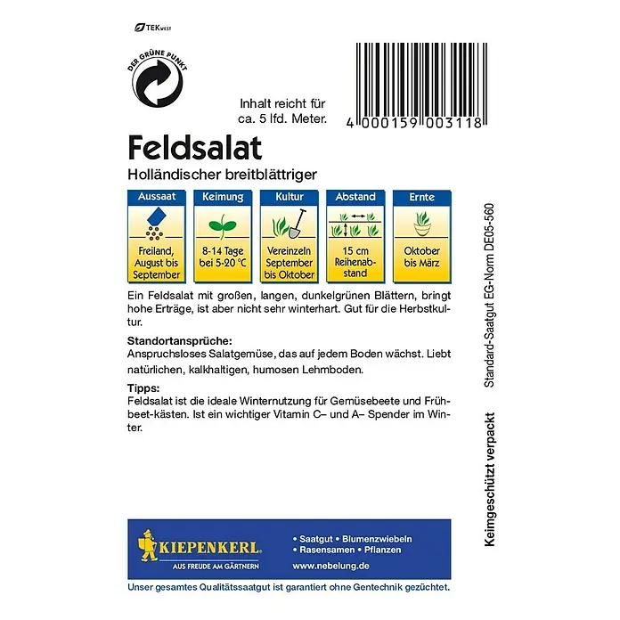 Kiepenkerl Salatsamen Feldsalat - Valerianella locusta, Holländischer breitblättriger, Erntezeit: Oktober - Rückansicht