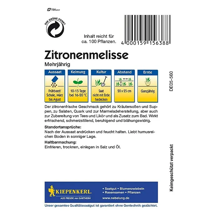 Kiepenkerl Kräutersamen Zitronenmelisse - Melissa officinalis, Erntezeit: Ganzjährig - Rückansicht